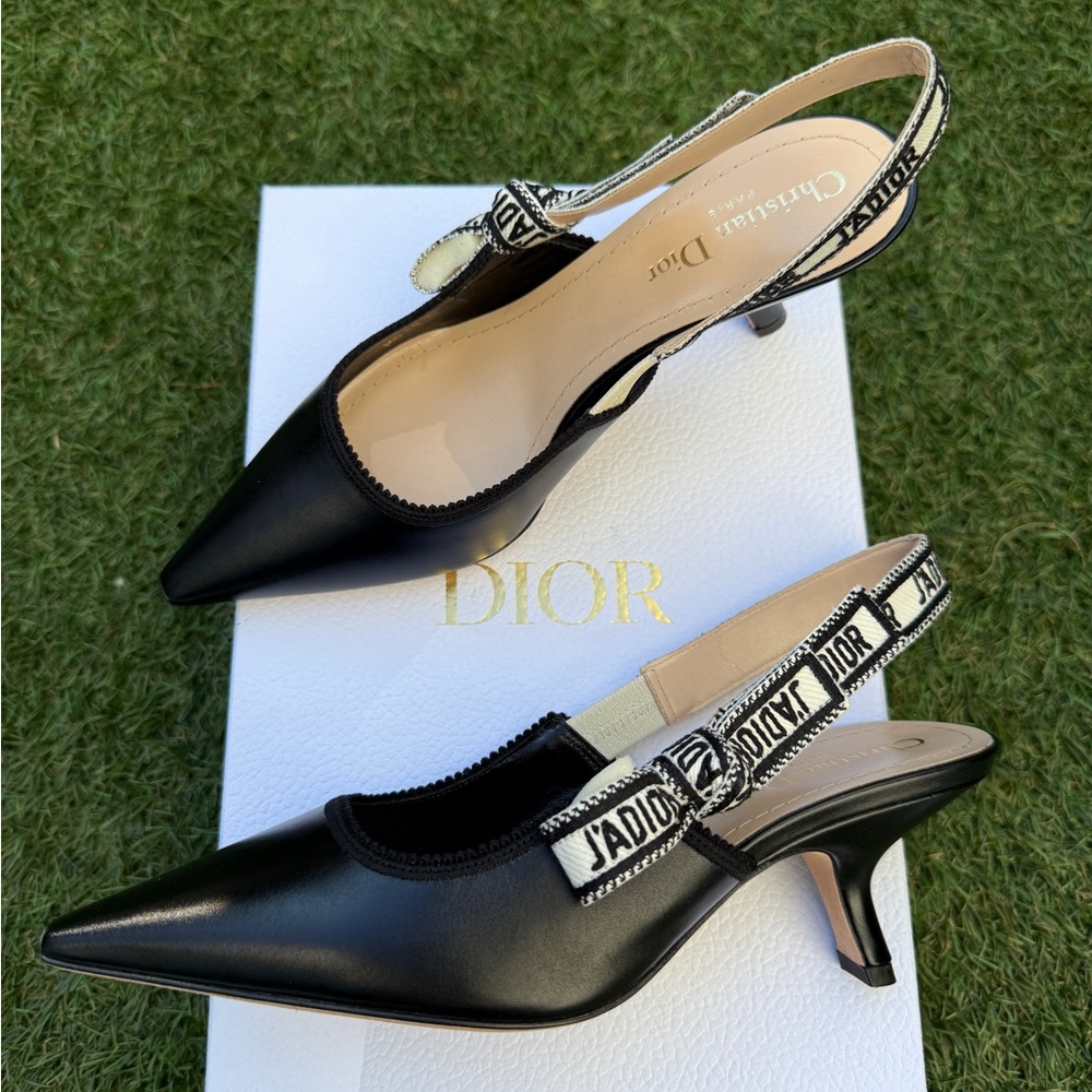 CHRISTIAN DIOR J'ADIOR BLACK CALFSKIN LEATHER SHOES SLINGBACKS KITTEN HEELS 37.5